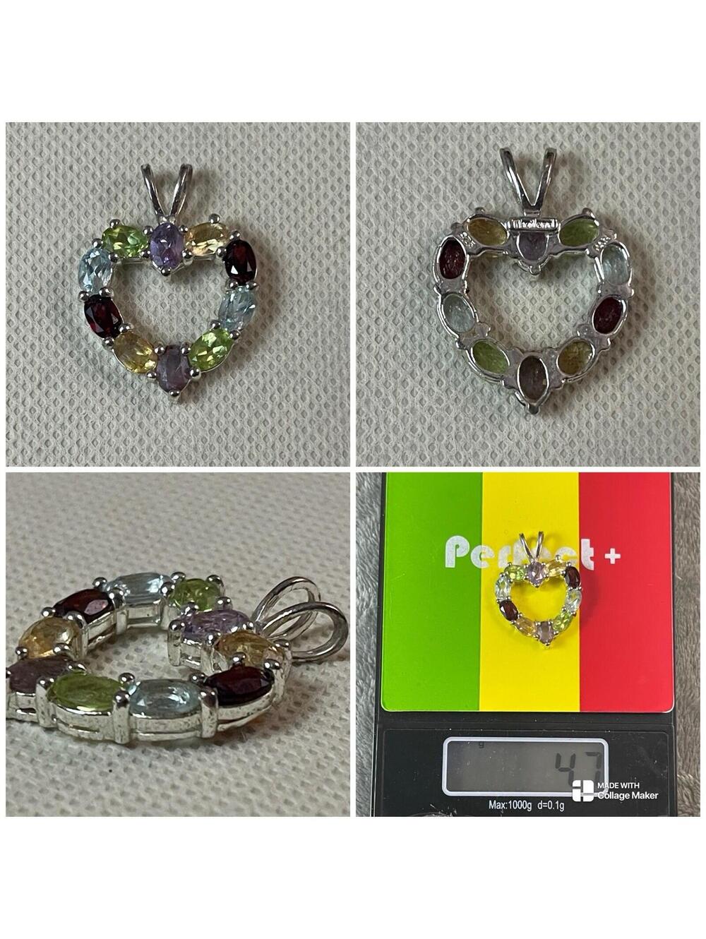 STERLING SILVER MULTI-GEMSTONE HEART PENDANT  .925 SIGNED !!